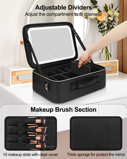 Relavel Travel Makeup Bag With LED Mirror, 16.2" Large Makeup Train Case, 3 Color Scenarios Adjustable Brightness, Waterproof Makeup Train Case Organizer with DIY Dividers for Makeup Artist, Black