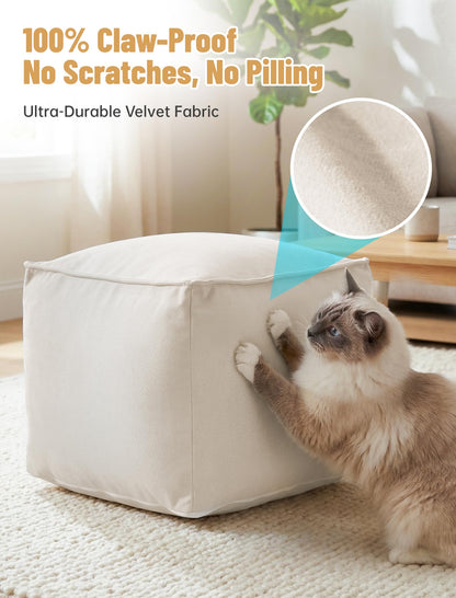 Cat Paw Velvet Ottoman Pouf Cover – Cream White Unstuffed Footrest Seat Cover with Durable Zipper, Washable Floor Cushion Case for Living Room, Bedroom, and Home Decor