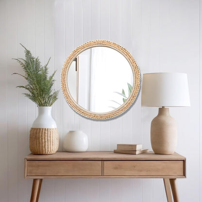 FUIN 24" Rattan and Wood Round Mirror for Boho Bathroom, Entryway, Living Room Decor
