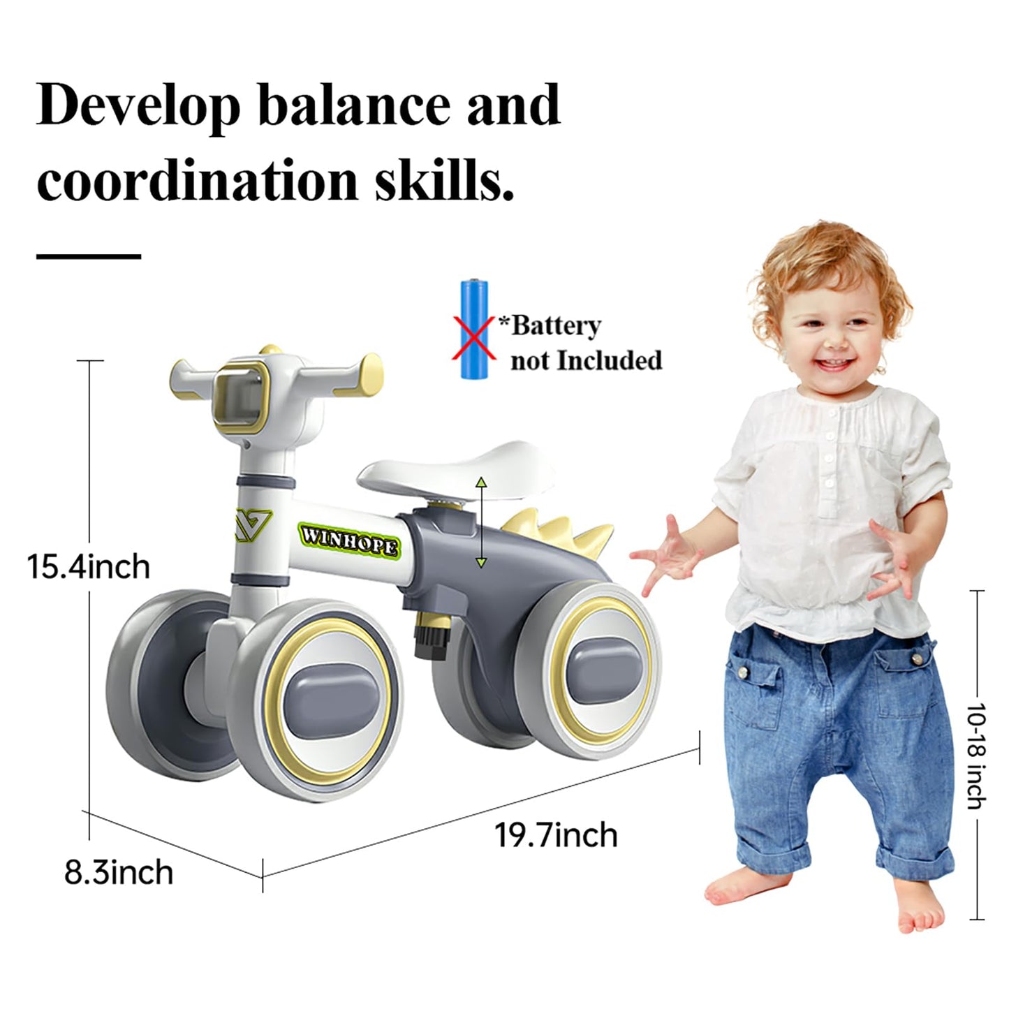 WinHope Baby Balance Bike for 1 Year Old Boys & Girls,Toddler Balance Bike for 12-36 Months Kids,4 Silent Wheels with Colorful Lights & Music,First Bicycle Ride on Toy Gifts(Grey)