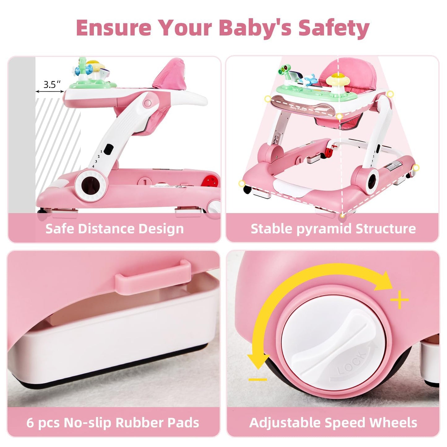 5-in-1 Baby Walker with Wheels, Baby Walkers for Boys Girls 6-18 Months, Foldable Adjustable Walker with Bouncer, Feeding Tray, Music & Detachable Footrest(Pink)