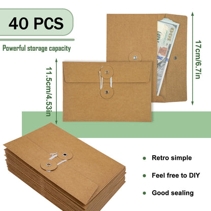 40 Pcs Kraft Paper Envelopes with String Tie Closure Project Pockets Document Organizer for Office Folder Booklet Bag, 4.53 x 6.7 inches (Brown)