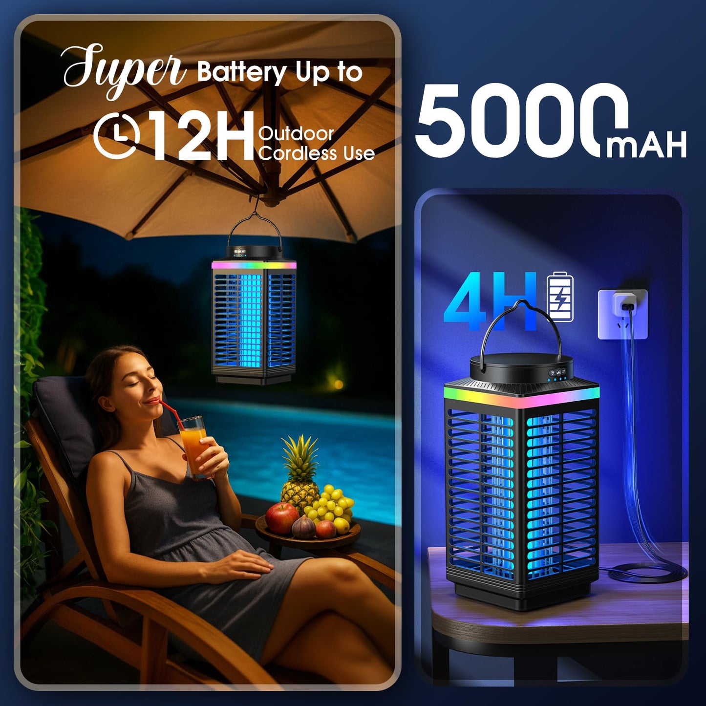 Bug Zapper Outdoor, 4-in-1 4200V Electric Mosquito Zapper, Rechargeable Bug Zapper Cordless Fly Zapper with 5000mAH Battery, Waterproof IP68, Portable & Wireless Insect Zapper for Patio Camping Home