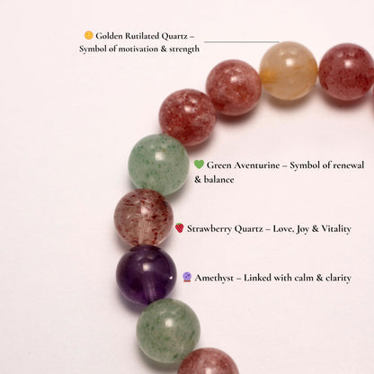 Dare to Mystic Multistone Healing Crystal Bracelet for Women Strawberry Quartz, Amethyst & Green Aventurine Beaded Bracelet, Balance & Renewal Energy Jewelry, Meaningful Gift
