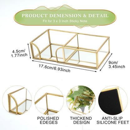 Shonmogar Glass Sticky Note Holder,2 Slots Gold Post It Note Dispenser for Desk,3 x 3 Inch Post It Note Holder, Stylish Sticky Note Dispenser for Home Office Desk Table Drawer
