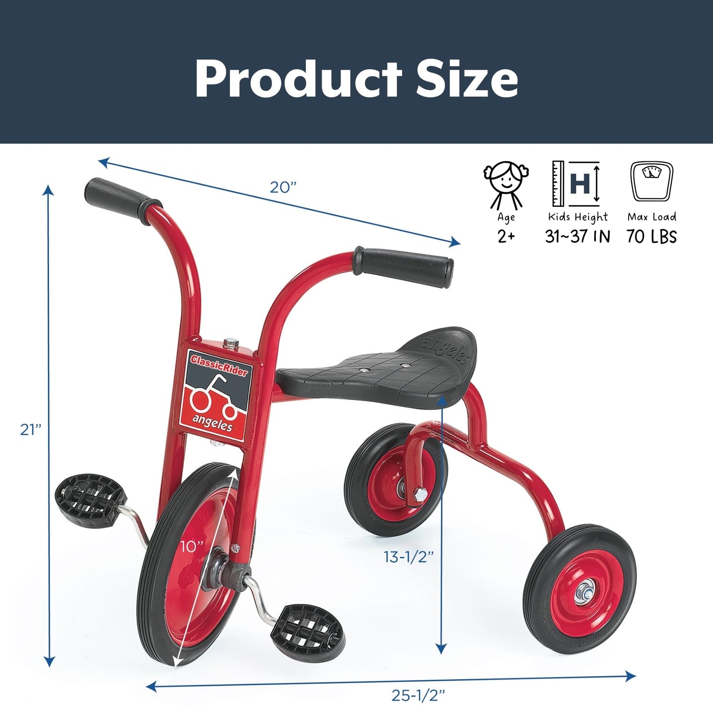 Angeles ClassicRider Kids Tricycle, Toddler Tricycle with Solid Airless Rubber Tires, Kids Bike for Preschools and Daycare, Ages 2+, 13.5" Tall Seat