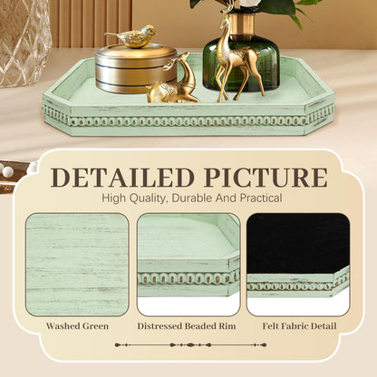 Wooden Decorative Tray, Rustic Sage Serving Tray with Wood Bead, Coffee Tabl, 16.5" x 13"x 1.6" (Sage Green)
