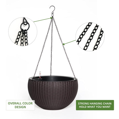 Dexceder 13.5 Inch Large Self Watering Hanging Planters Indoor Outdoor, Thickened Hanging Basket Flower Plant Pot with Water Level Indicator (Brown)