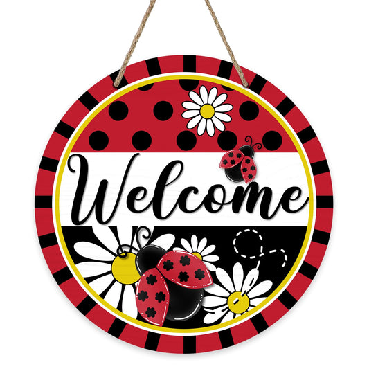 Bolisom Welcome Spring Summer Ladybug Front Door Sign, Daisy Flower Red Black Wood Door Hanger Outdoor Outside Porch Decor, Polka Dot Stripes Seasonal Wooden Wreath Indoor Wall Hanging Decoration