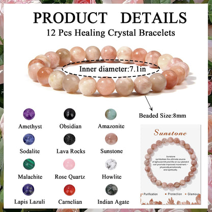 WAINIS 12PCS 8mm Natural Crystal Bracelets for Women Men Semi-Precious Gemstone Beaded Bracelets Round Beads Gemstones Stretch Yoga Bracelet Jewelry Gift
