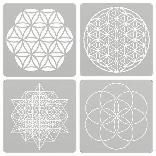 Therwen 4 Pcs Reusable Metal Stencils Sacred Geometry Stencils Flower of Life Version 64 Tetrahedron Seed of Life Drawing Template for Wood Burning Engraving Crafting Scrapbook Wall Painting Crafts