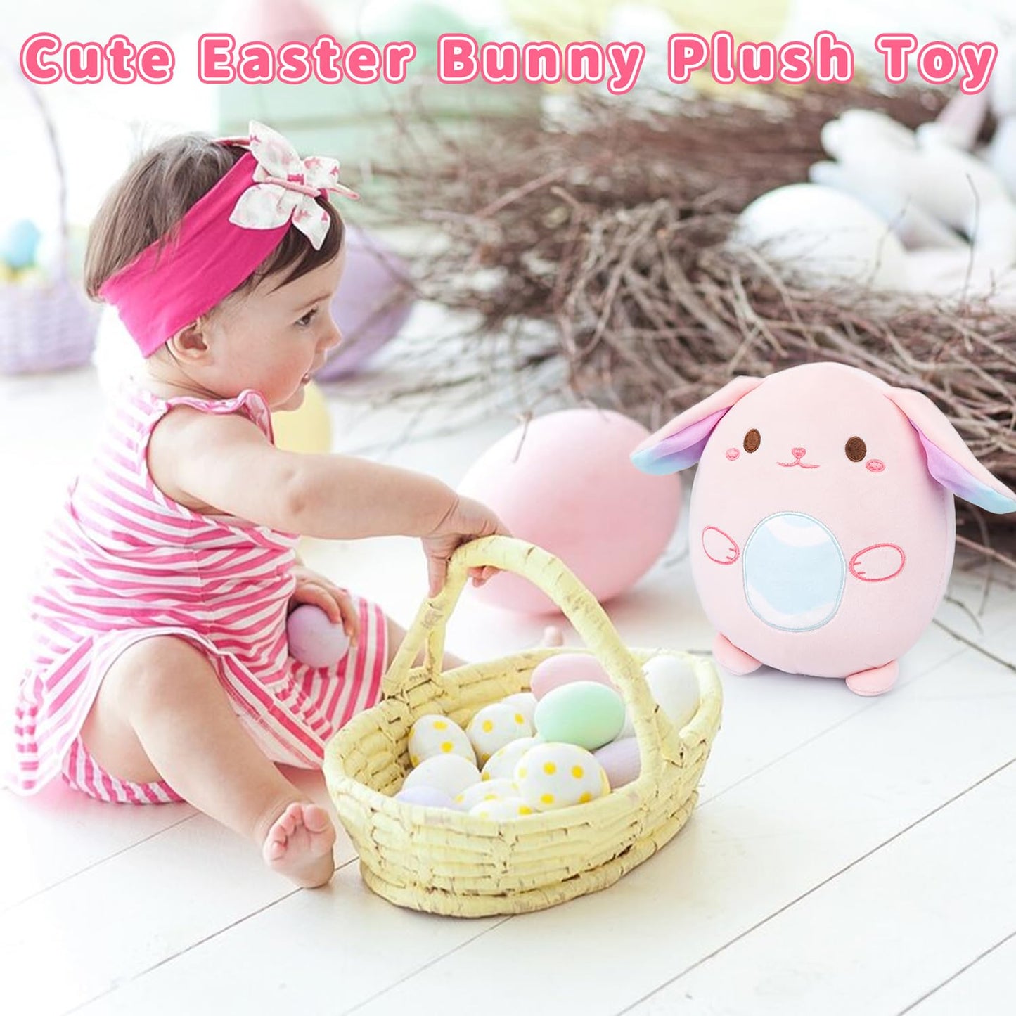 Hagusahuo Easter Stuffed Animal Bunny Plush, 8inch Pink Easter Bunny Stuffed Animal with Egg for Kids, Cute Easter Basket Stuffers Soft Rabbit Doll Toy Gift for Girls Boys Party Favors