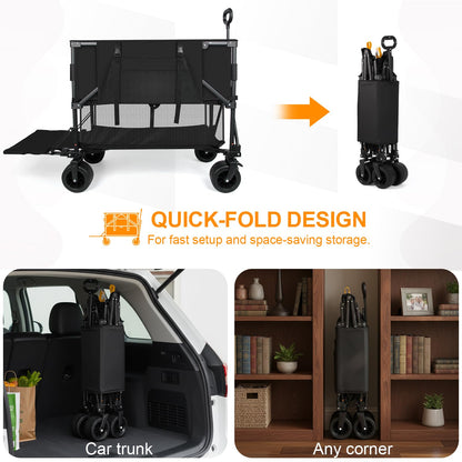 Double Decker Wagon Heavy Duty Collapsible, 600LBS 400L Capacity Foldable Utility Cart with Big Wheels for Beach, Outdoor, Camping & Gardening, Durable Steel Frame