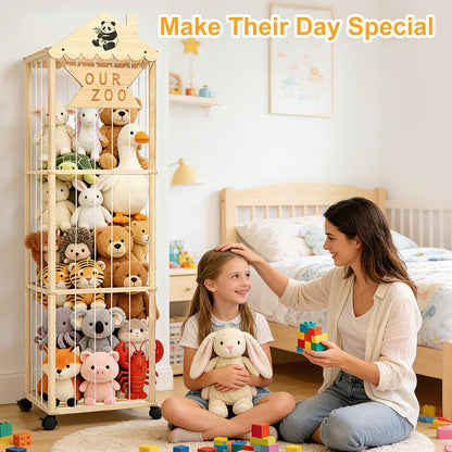 Stuffed Animal Storage, Extra Large Stuffed Animal Organizer with Wheels, Wooden Tall Animal Zoo Display Tower, Plushies Toy Holder with Lights and Pockets for Nursery, Playroom, Bedroom