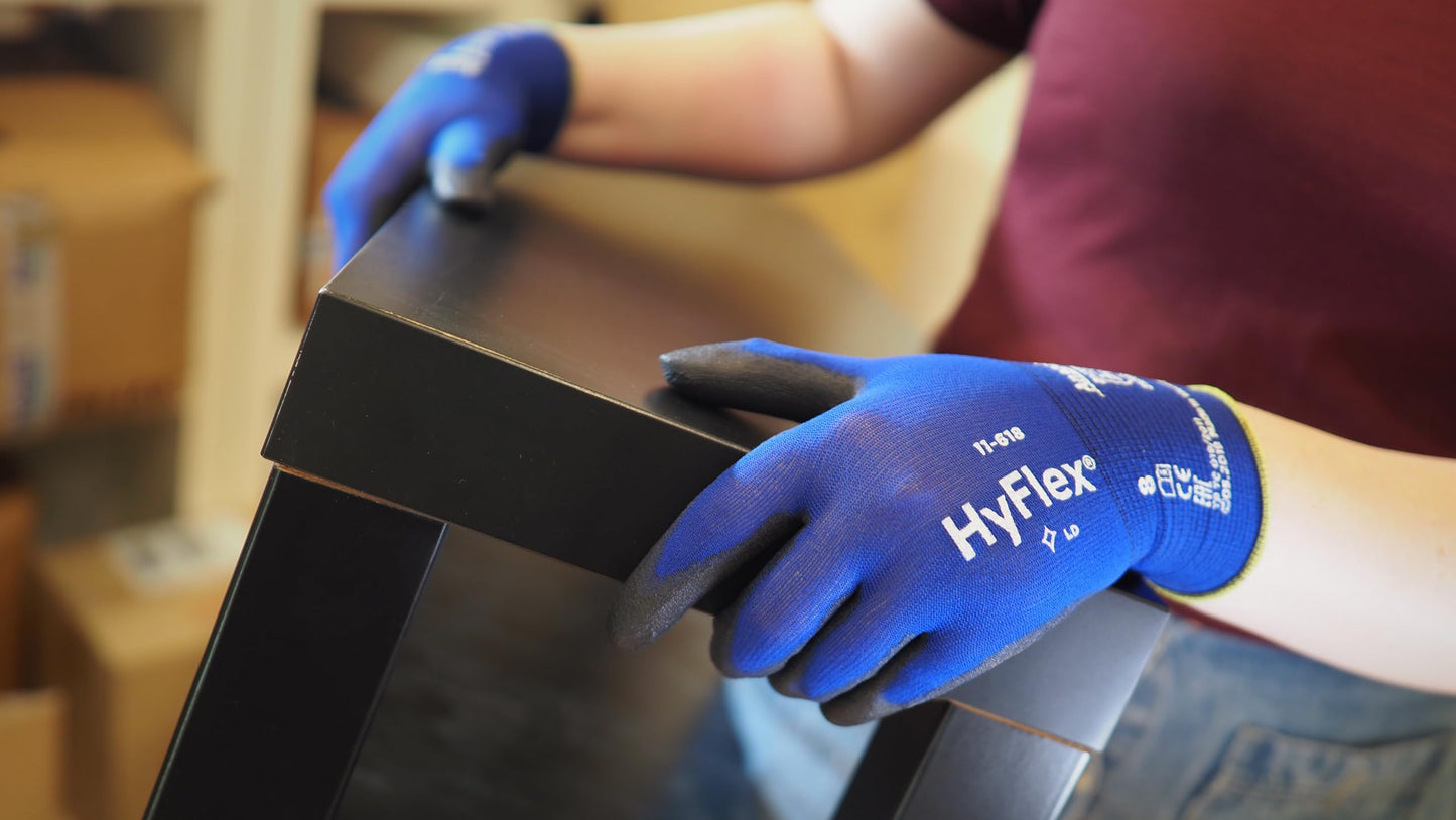 Ansell HyFlex 11-618 Ultra-Thin Industrial Safety Work Gloves for Auto, Machinery, Equipment, Fabrication - Size 10, Blue/Black (12 Pairs)