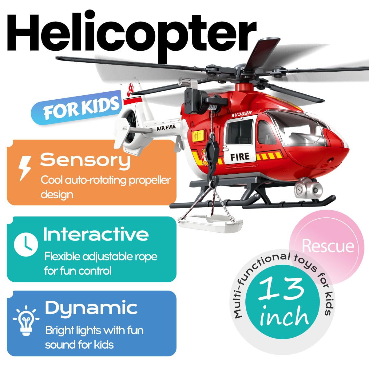 ANJARU Helicopter Toy with Lights and Sound,Simulative Rescue Helicopter Toddler Kids Toys for Kids Aged 3 4 5 6 Pull-Back Propeller Army Toys Toddler Kids Boys Gifts (Fire Fighting-Helicopter)