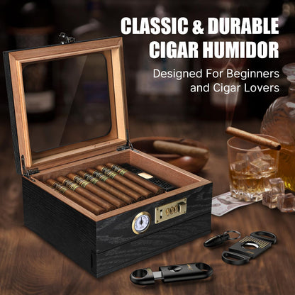 Tesonway Cigar Humidor, Cedar Wood Humidor Cigar Box, Glass Top Desktop Humidor with Front Hygrometer, Humidifier, Divider, Accessories Drawer and Combination Lock, Cigar Gifts for Men (Black)