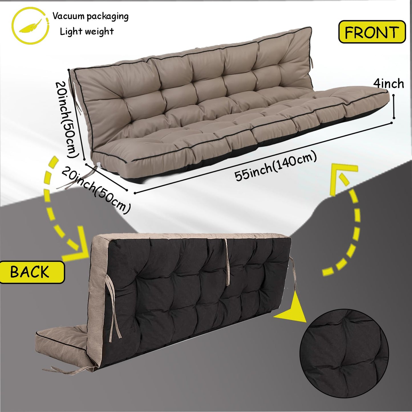 VKETU Porch Swing Cushion Three Seat, Waterproof Swing Cushions Replacement with Backrest, Outdoor Garden Furniture Patio 4" Thickened Cushions with Ties (Khaki, 40 x 55in)