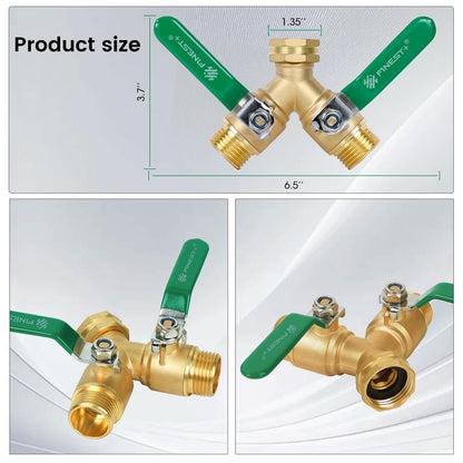 FINEST+ Garden Hose Splitter 2 Way, Heavy Duty Brass Y Valve Garden Hose Splitter With Stainless Steel Long Handle, Full Flow Hose Splitter Connector, Y Valve 3/4 Inch GHT Thread