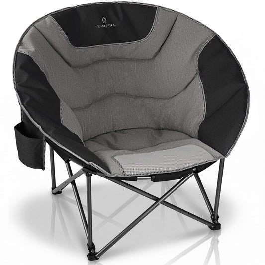 Oversized Camping Moon Chairs,Folding Round Padded Sofa Chair for Adults,Outdoor Lawn Chairs w/Side Pocket,Perfect for Indoor,Family Camping,Picnics and Garden,Black&Grey