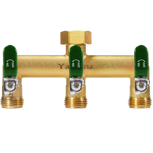 Yayamz Garden Hose Splitter, 3/4” Rust and Freeze Resistant Outdoor Hose Manifold with 3 green Extra Long Handles Faucet Adapter-Heavy Duty Brass 3-Way Valve