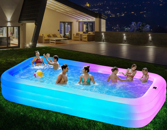 QIUJIN Large Solar Inflatable Pool with Lights, 145"x74"x22", Oversized Thickened Blow Up Pool for Adults, 7 Color Changed Family Swimming Pool for Backyard, Outdoor