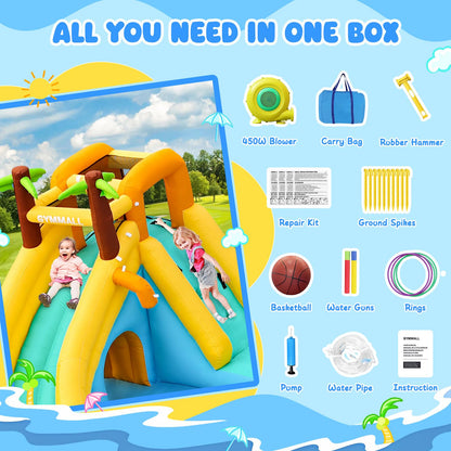 GYMMALL Inflatable Water Slide Bounce House with 450 W Blower, Blow up 10-in-1 Waterslide Park Bouncy Castle Outdoor and Indoor, Bouncer House with Splash Pool, Sprinklers and Long Slide