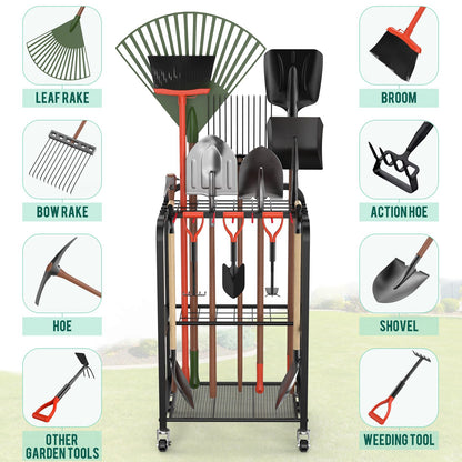 Trieez Garden Tool Organizer for Garage, Yard Tool Organizer with Wheels for Garage Organization and Storage - Sturdy Yard Tool Holder Tool Rack, for Shed, Outdoor, Tool Stand