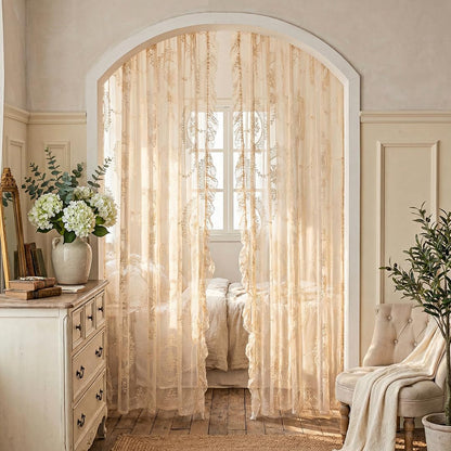 LOHUT Beige Lace Curtains for Bedroom 2 Panels Set Cute Vintage Curtains Sheer Floral Embroidery,52W*63L