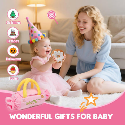 GNAYUIJ Baby Toys 6-12 Months,My First Candy Bag Plush Toy-5 Sensory dessert Soft Toys with Rattle, Crinkle Paper, Squeaker, Mirror,Busy Montessori Soft Toys for Toddlers,1st Birthday for Babies Girls