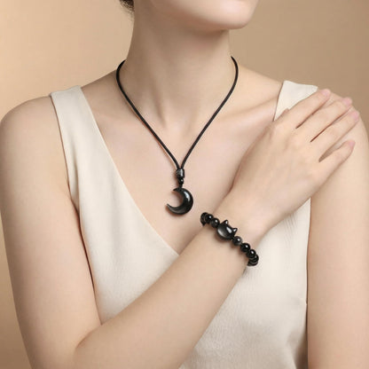 Black Obsidian Cat Bracelet and Moon Pendant Necklace Jewelry Set-Cat Lover Gifts,Wealth Attraction,Good Luck,Bead Bracelet,Mindfulness,Beaded Bracelets, Obsidian Pendant Necklace-Cute Gifts for Women