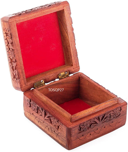 TOSQP27 Gift Jewelry Box Rosewood Hand-Carved Novelty Unique Trinket Case Jewellery – 4 Inch Wooden Travel Jewel Organizer Brass Inlay Velvet – Keepsake Birthday Aniversary Gifts for Women, Girls, Mom