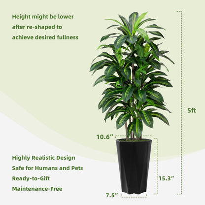 Artificial Dracaena Tree 5FT - Faux Plant with Black Diamond Planter - Tall Fake Tropical Yucca Floor Plant Potted - Artificial Silk Tree for Home Office Living Room Decor Indoor