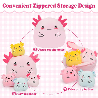 Axolotl Plush with 4 Babies Inside - 13 Inch Mommy Axolotl Plush Interactive 4 Colorful Baby in Tummy 5-Piece Cute Big Axolotls Adopt Toy Plushies for Girls Boys 0-8 Kids Birthday Baby ShowerGift
