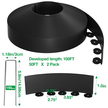 Bonviee 1.5” x 100’ Landscape Edging Kit, Garden Edging Coil with 150 Pcs Spikes, No Dig Lawn Border Design