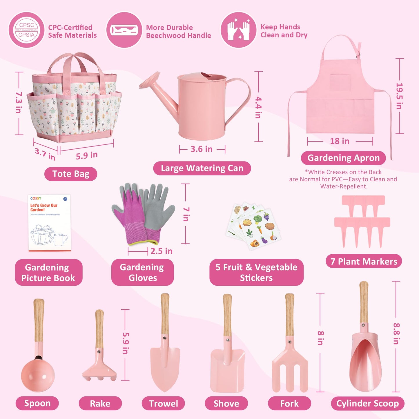 Cossy Kids Gardening Set, 13PCS Garden Tool Kit for Kids and Toddlers Boys Girls, Includes Tote Bag, Watering Can, Shovels, Rake, Kids Gardening Gloves, Apron and More, Pink
