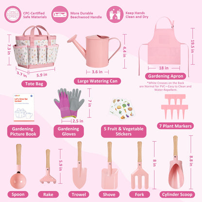 Cossy Kids Gardening Set, 13PCS Garden Tool Kit for Kids and Toddlers Boys Girls, Includes Tote Bag, Watering Can, Shovels, Rake, Kids Gardening Gloves, Apron and More, Pink