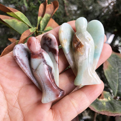 favoramulet 2 Inches Amazonite Crystal Pray Guardian Angel Statue, Carved Healing Peace Angel with Wing Figurine Pocket Stone
