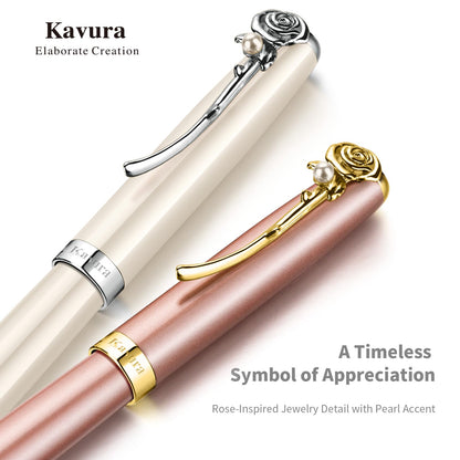 Kavura Rose & Pearl Rollerball Pen – Luxury Brass Pen Gift Set for Women, Jewelry-Inspired Design, Glossy Finish, with German Refill, Romantic Gift for Her, Anniversary & Valentine’s Day (Rose Gold)