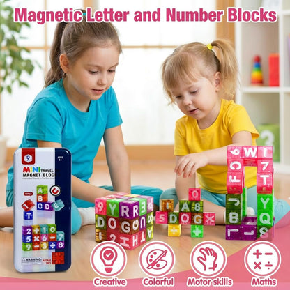 XNYV Magnetic Alphabet Blocks 40pcs - Educational STEM Learning Toys for Kids 3-8 | Portable Travel Letter Number Math Kit | Montessori Preschool Gifts Boys Girls