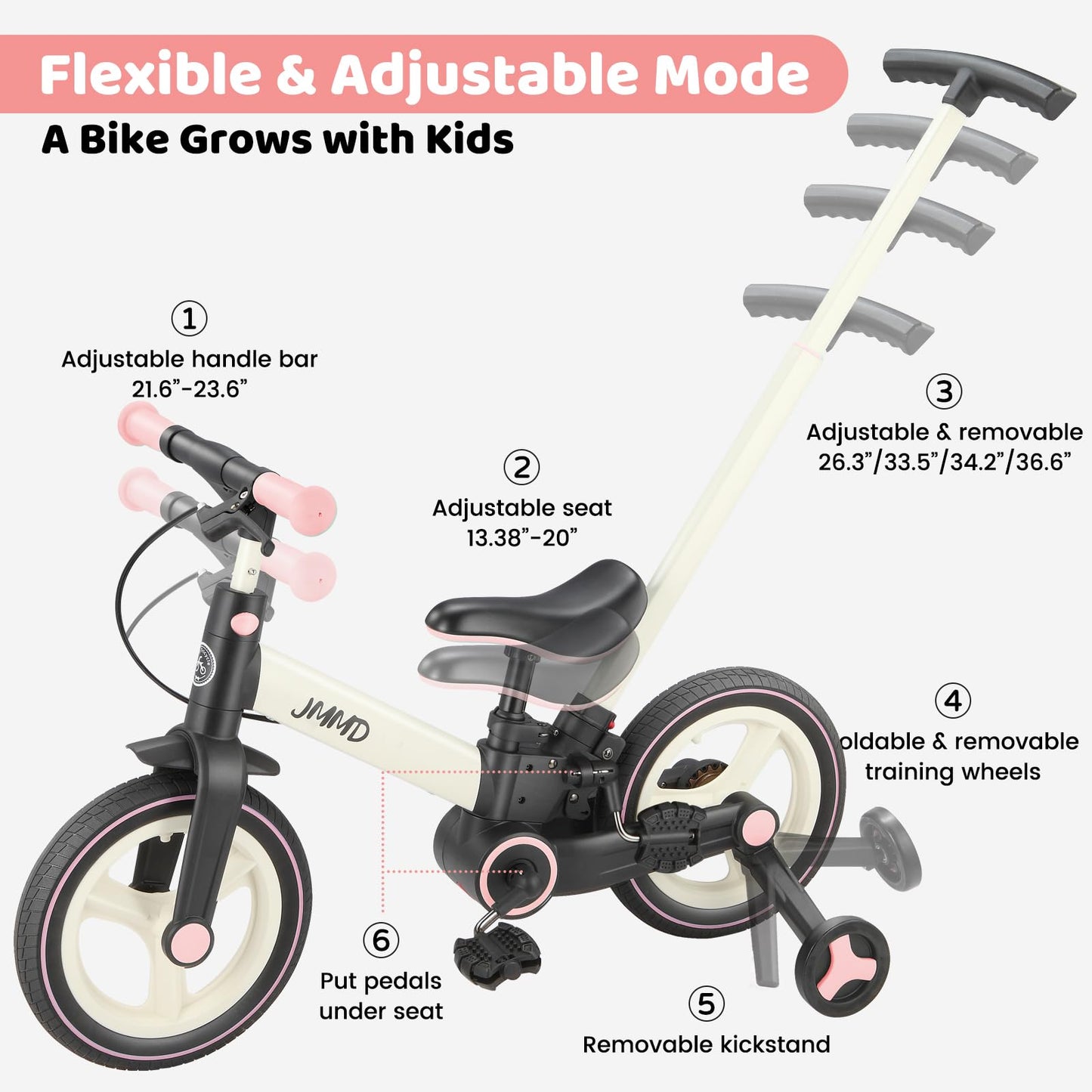 JMMD 6 in 1 Toddler Bike with Push Handle for Kids 18-60 Months, 12" Foldable Balance Bike with Training Wheels, Pedals, Brakes, Kickstand, Push Tricycle Toddler Gift & Toys for Boy & Girl