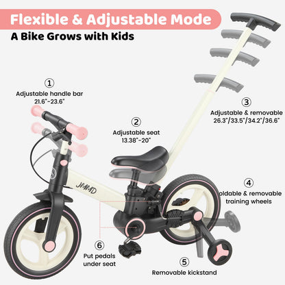 JMMD 6 in 1 Toddler Bike with Push Handle for Kids 18-60 Months, 12" Foldable Balance Bike with Training Wheels, Pedals, Brakes, Kickstand, Push Tricycle Toddler Gift & Toys for Boy & Girl