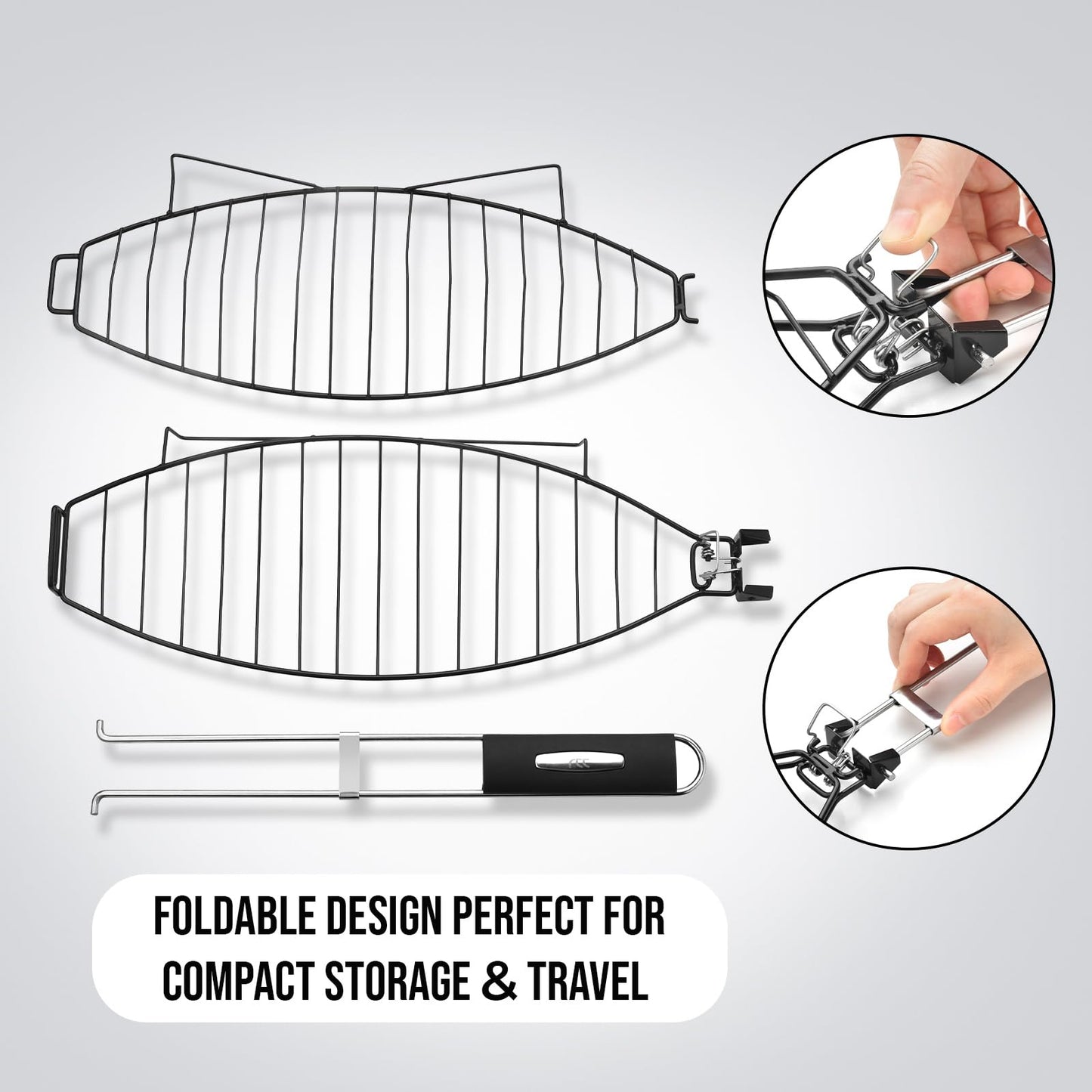 Fish Grilling Basket for Grill - Stainless Steel Basket, Non-Stick Fish Rack for Grilling with Adjustable Lock Removable Handle, Ideal for BBQ, Camping, Charcoal and Gas Grills