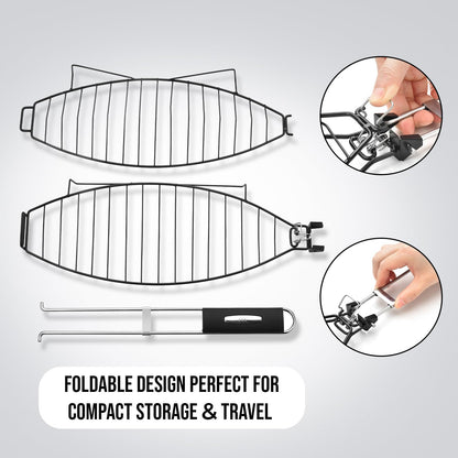 Fish Grilling Basket for Grill - Stainless Steel Basket, Non-Stick Fish Rack for Grilling with Adjustable Lock Removable Handle, Ideal for BBQ, Camping, Charcoal and Gas Grills