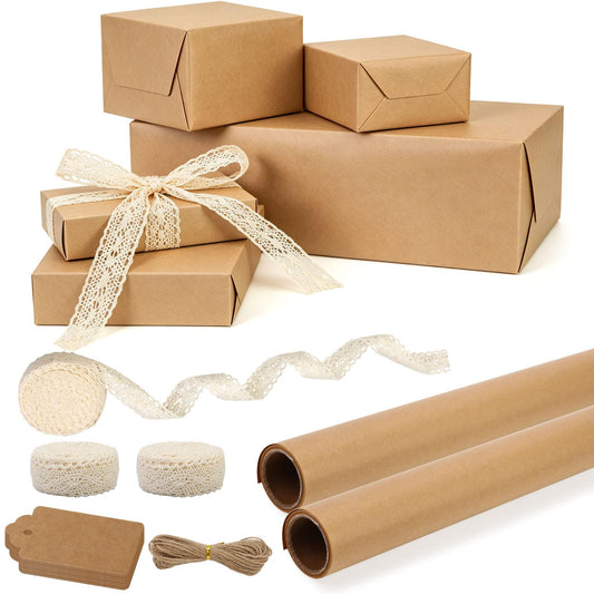 CORNER LACE Brown Kraft Gift Wrapping Paper Set, Solid Color Wrapping Paper 2 Rolls 20ft (17in x 10ft Each) with Lace Ribbon and Gift Tags for Wedding Bridal Shower Baby Shower Birthday Crafts