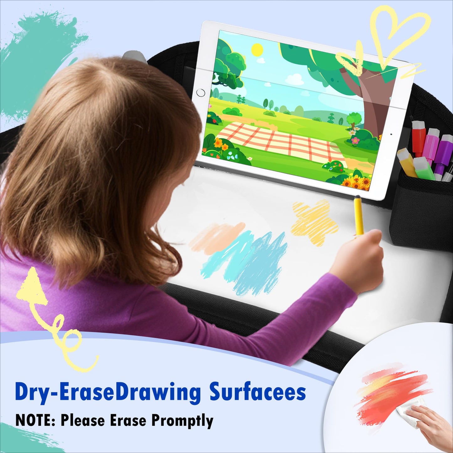 WENRENER Kids Travel Tray for Car Seat, Toddler Road Trip Essentials With Drawing Kit, Travel Activities Must Haves (Black)