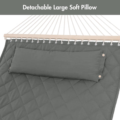 ANOW 2 Person Hammock with Spreader Bars and Detachable Pillow, Quilted Hammock for Outdoors Indoors, 450 LBS Weight Capacity, Gray