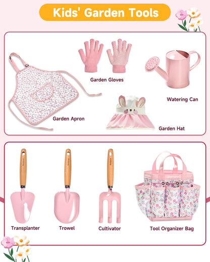 Seedypop Kids Gardening Tool Set Toys - 8 Pieces Quality Garden Kit for Toddlers & Kids with Shovels, Rake, Watering Can, Hat, Apron, Gloves & Storage Bag (Pink Flower)