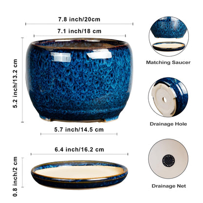 SQOWL Ceramic Planter 8 Inch - Pot for Indoor Outdoor Plants Round Ceramic Plant Pot with Drainage Hole and Saucer Modern Flower Pot Glazed Blue
