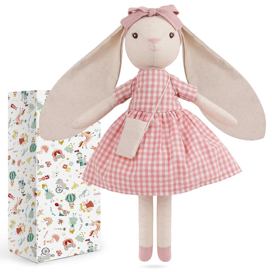 Mikee Fluffie 15" Bunny Stuffed Animal for Girls, Plush Toy Doll -Wearing Pink Plaid Dress,Cute Doll Set Dress Up for 3 4 5 Year Old Girl - Gift for Little Girl, Birthday, Easter,Christmas
